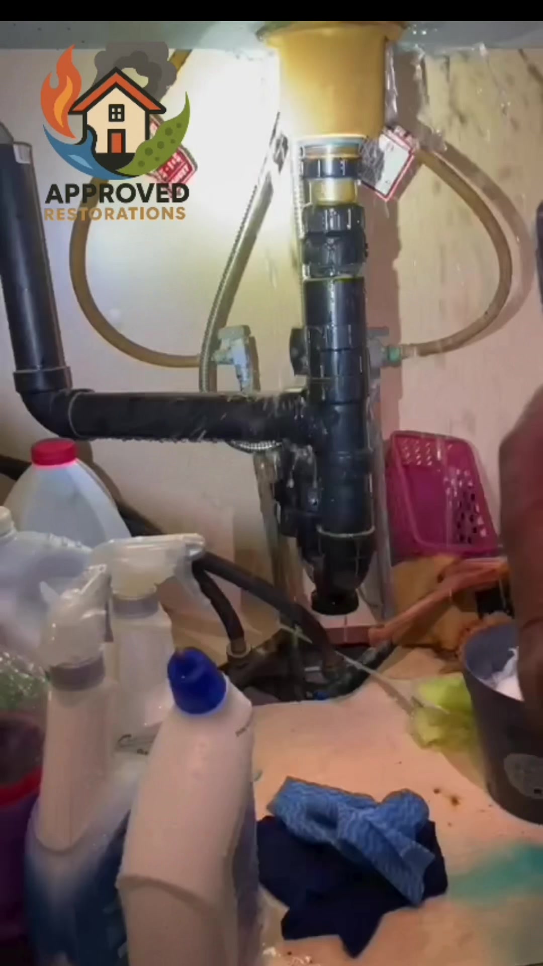 A faucet leak under the kitchen sink caused extensive damage to the ceiling and flooring below, so our crew quickly located the source and began demolition, carefully removing the damaged ceiling and flooring to prepare for a full reconstruction.