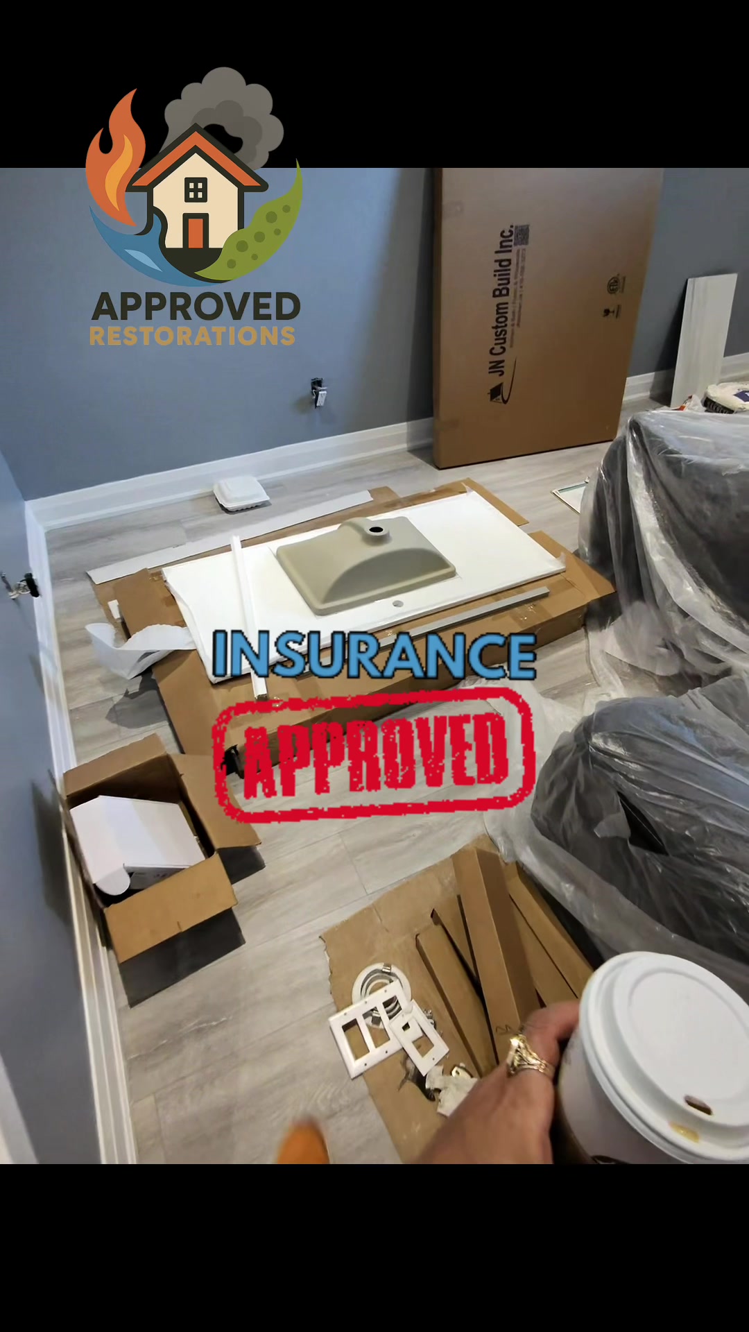 A sump pump failure quickly flooded this entire basement, but after tearing out the damage during critical mitigation and securing full insurance approval, our crew is finally executing the rebuild—unboxing a fresh vanity, prepping the electrical trim, and working over newly laid flooring to put the space back together.