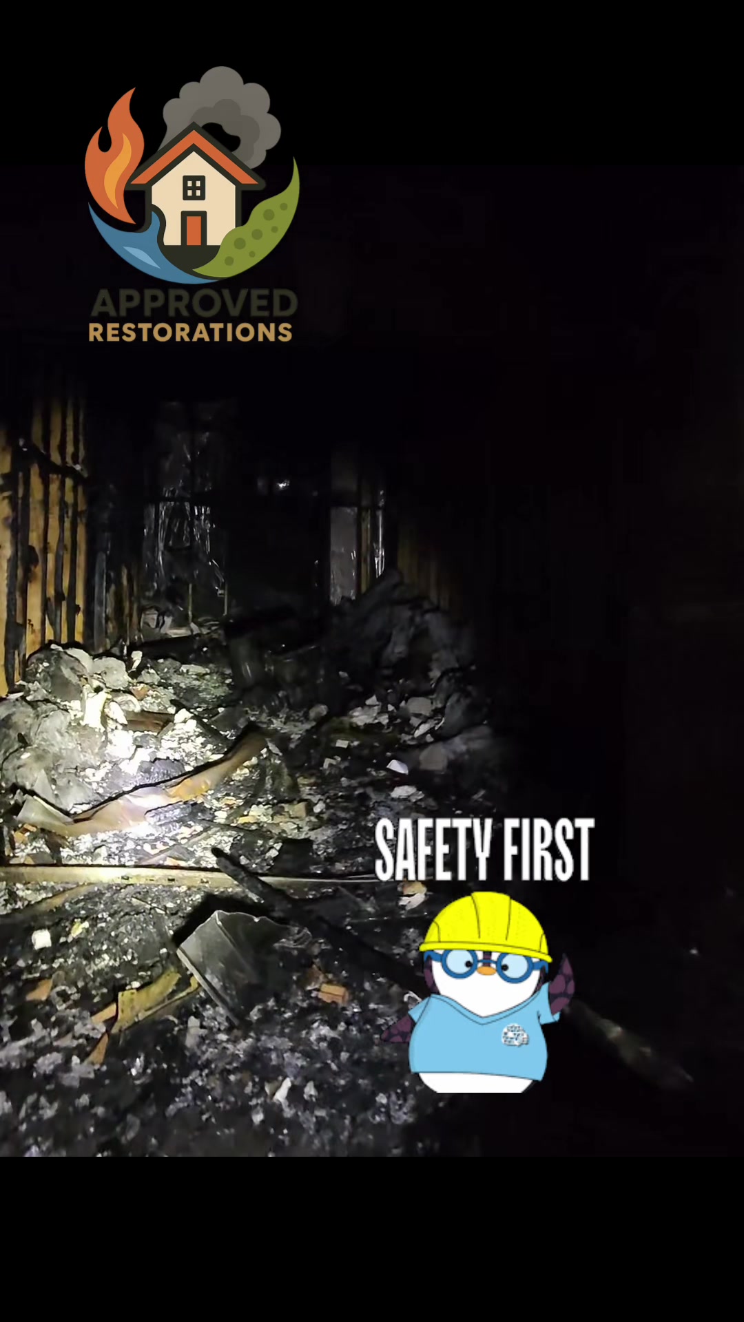 A severe blaze started near the garage, leaving this home with heavy smoke damage in every single room and a completely flooded basement from a ruptured water pipe, so our team is navigating the charred debris by flashlight to shut off the main supply and assess the compromised roof before beginning a massive top-to-bottom assessment.