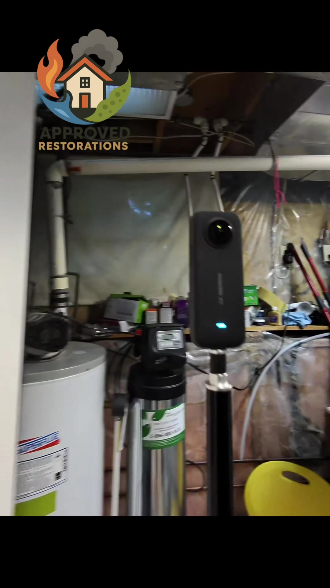 After water went everywhere in this Keswick basement, the homeowner attempted some initial cleanup, but our team is now stepping in to handle the full scope of the damage—scanning the utility room with a 360-degree camera, pulling moisture readings for the adjuster, and preparing to strip out all remaining saturated materials, right down to the wet insulation in the crawlspace.